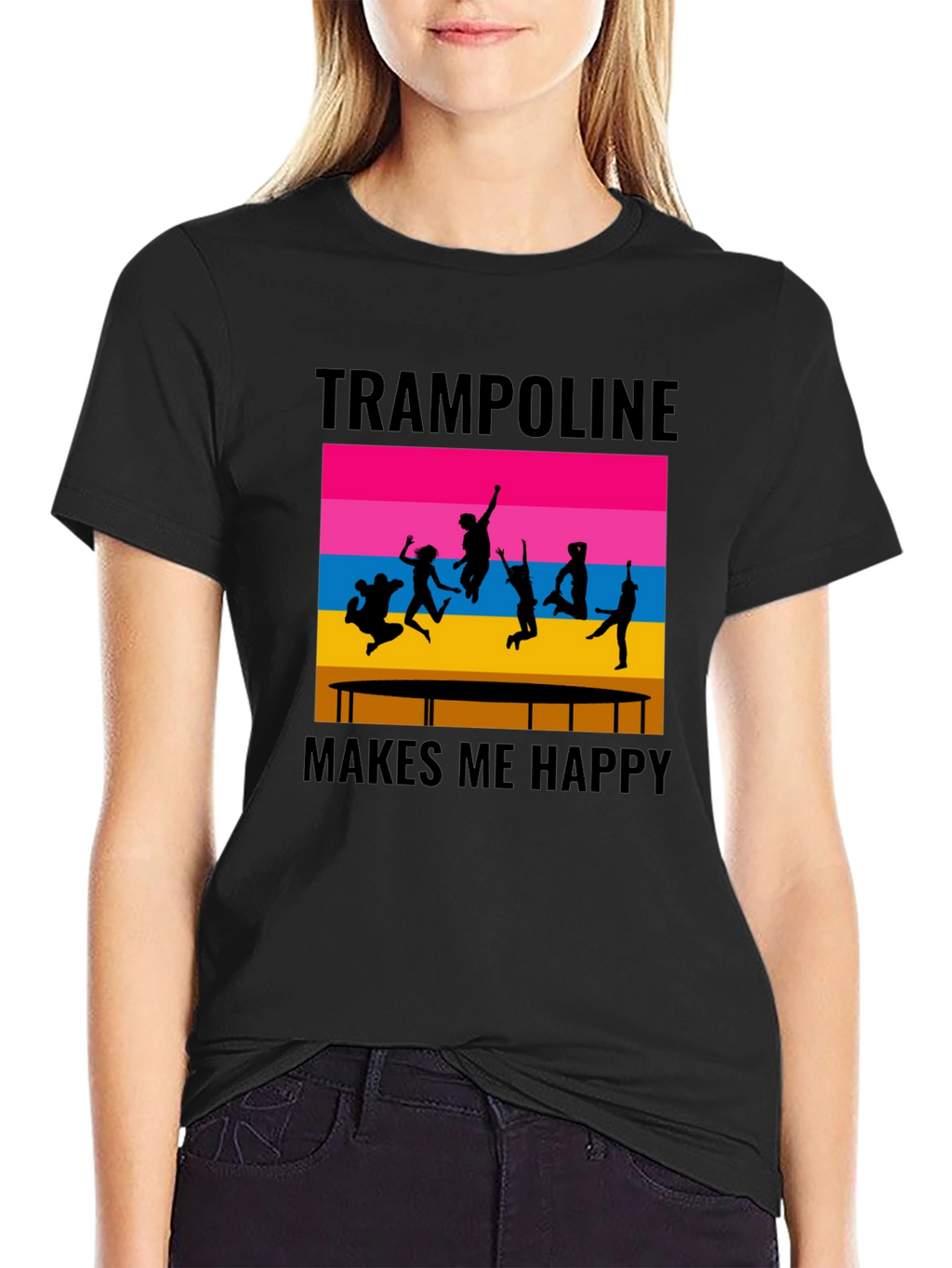 Trampoline Makes Me Happy Black Graphic T-Shirt