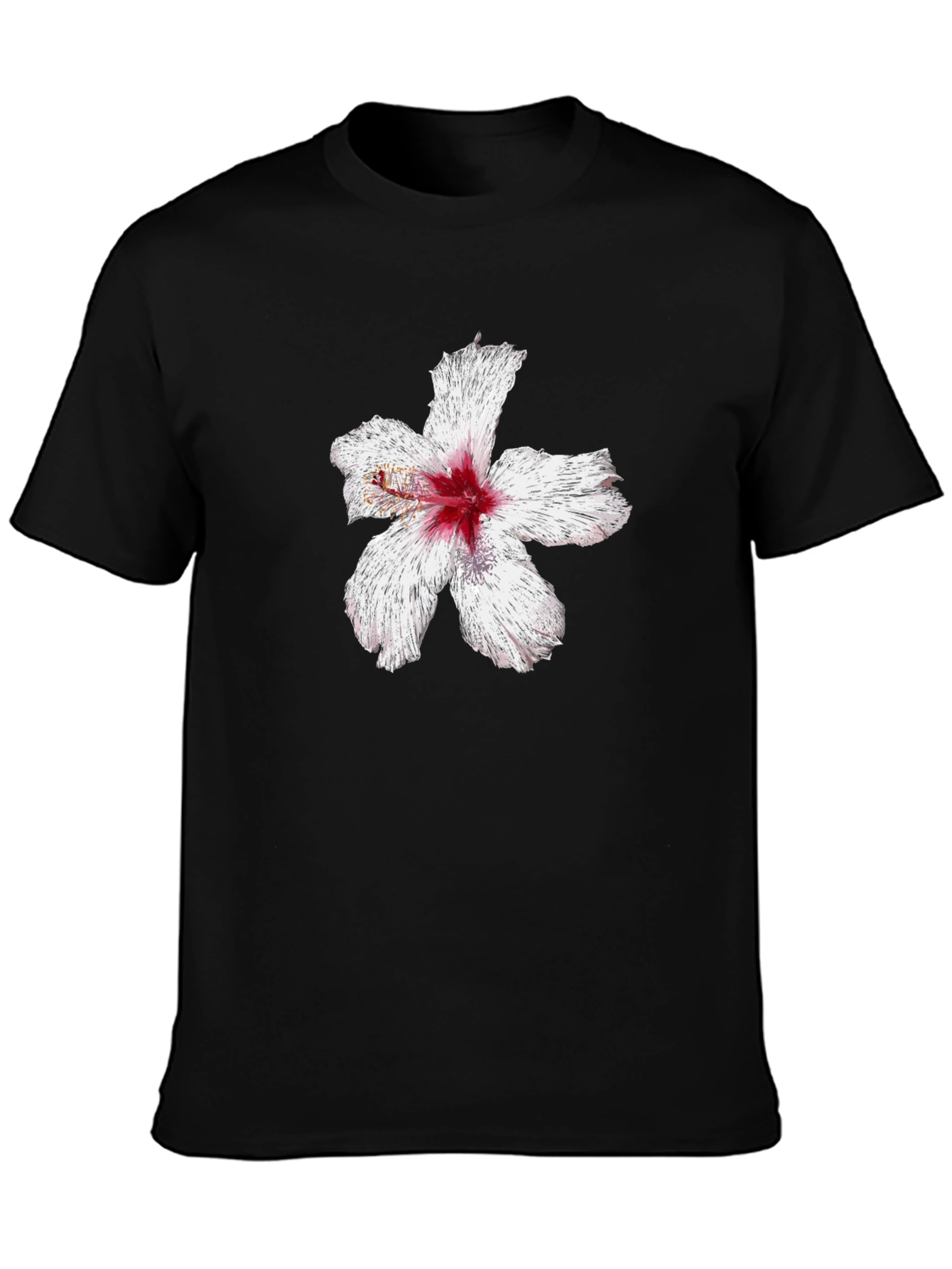 Black T-Shirt with Hibiscus Flower Graphic