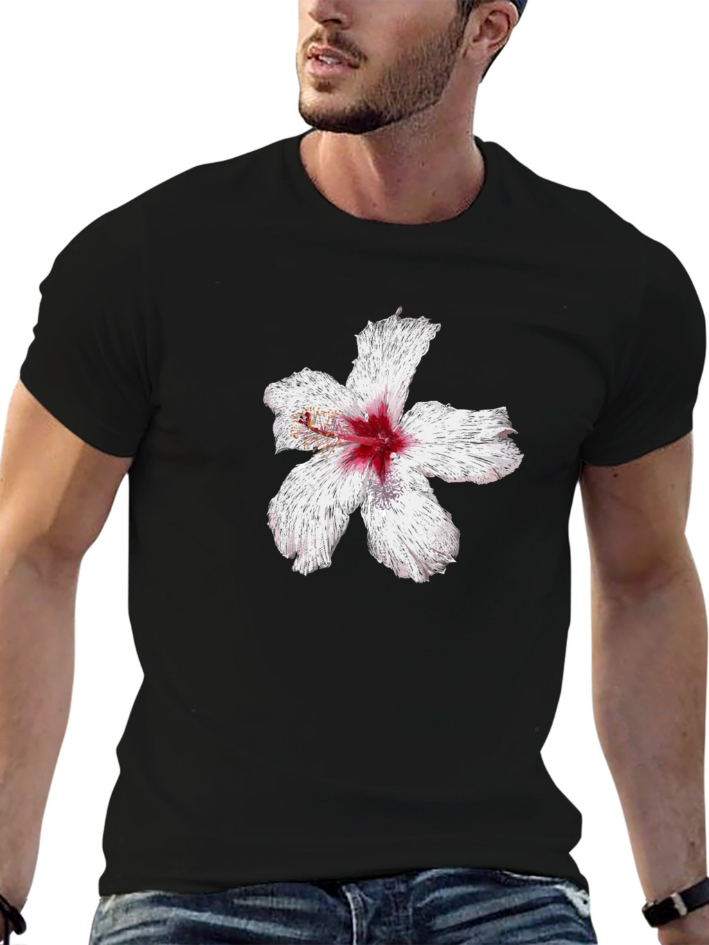 Black T-Shirt with Hibiscus Flower Graphic