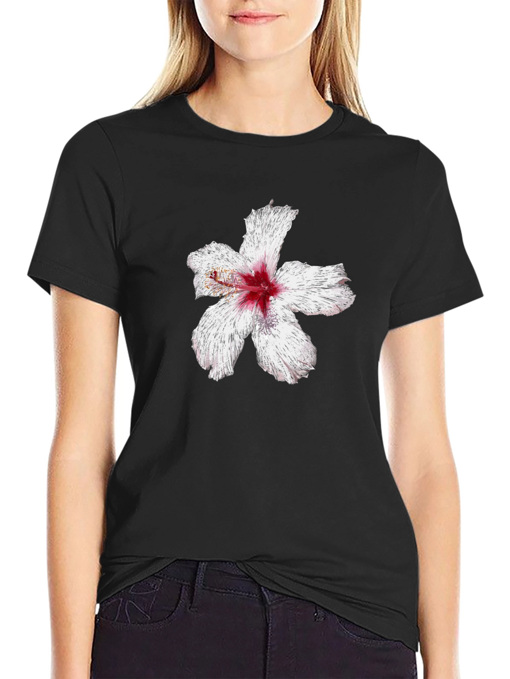 Black T-Shirt with Hibiscus Flower Graphic