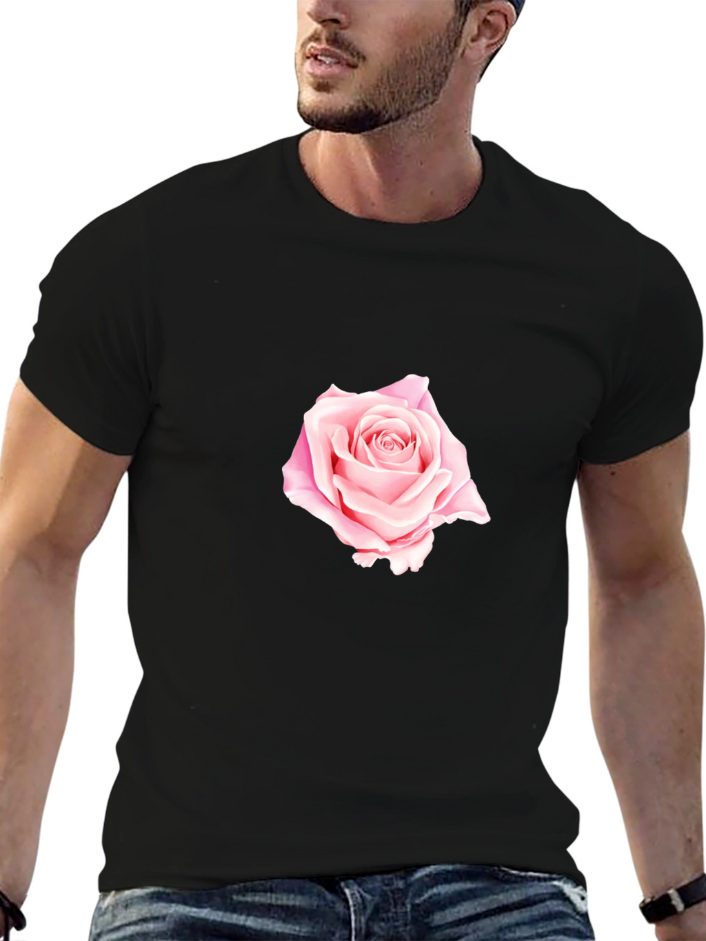 Black T-Shirt with Rose Design