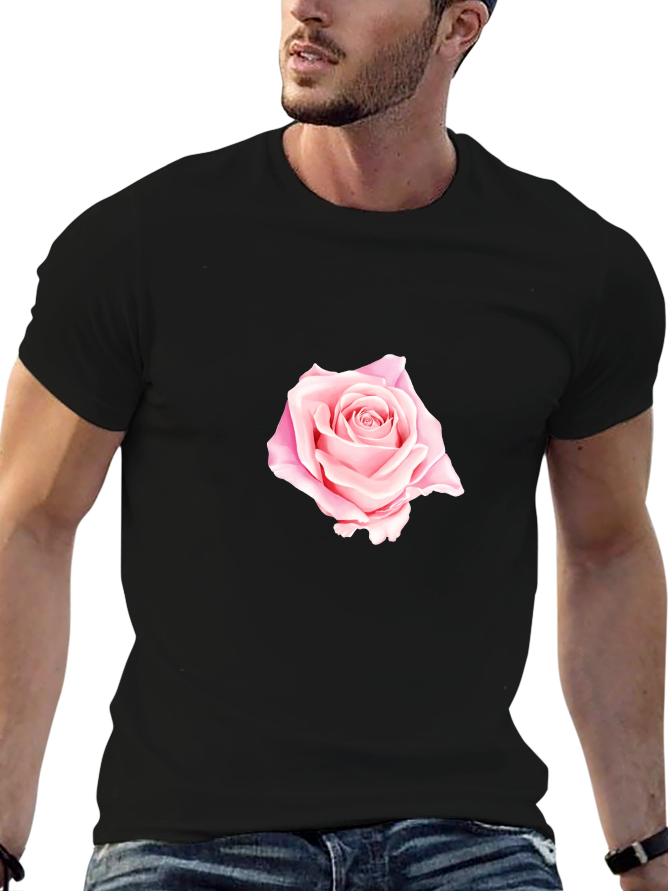 Black T-Shirt with Rose Design
