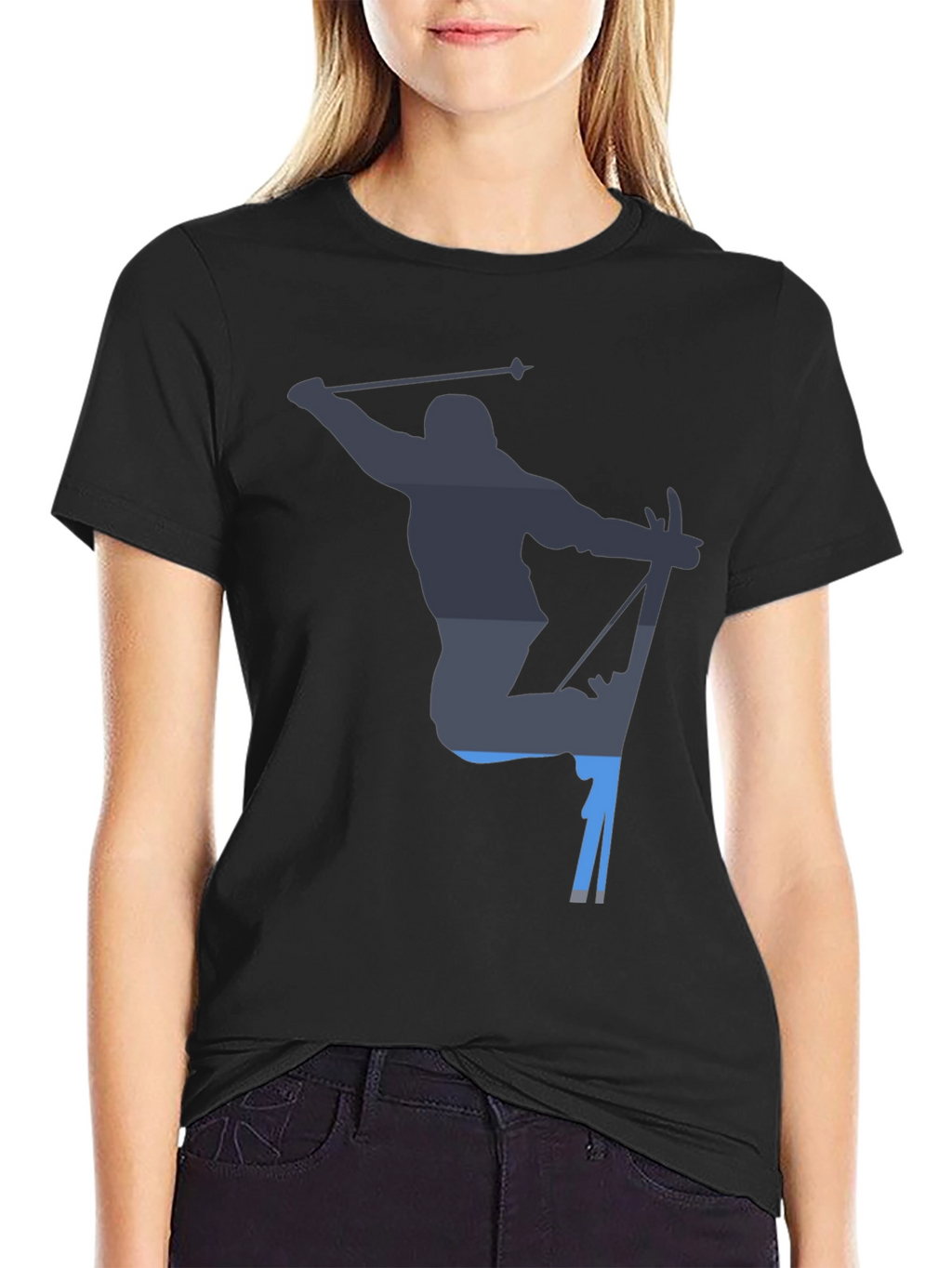 Skiing Silhouette Graphic Tee - Black Cotton T-Shirt