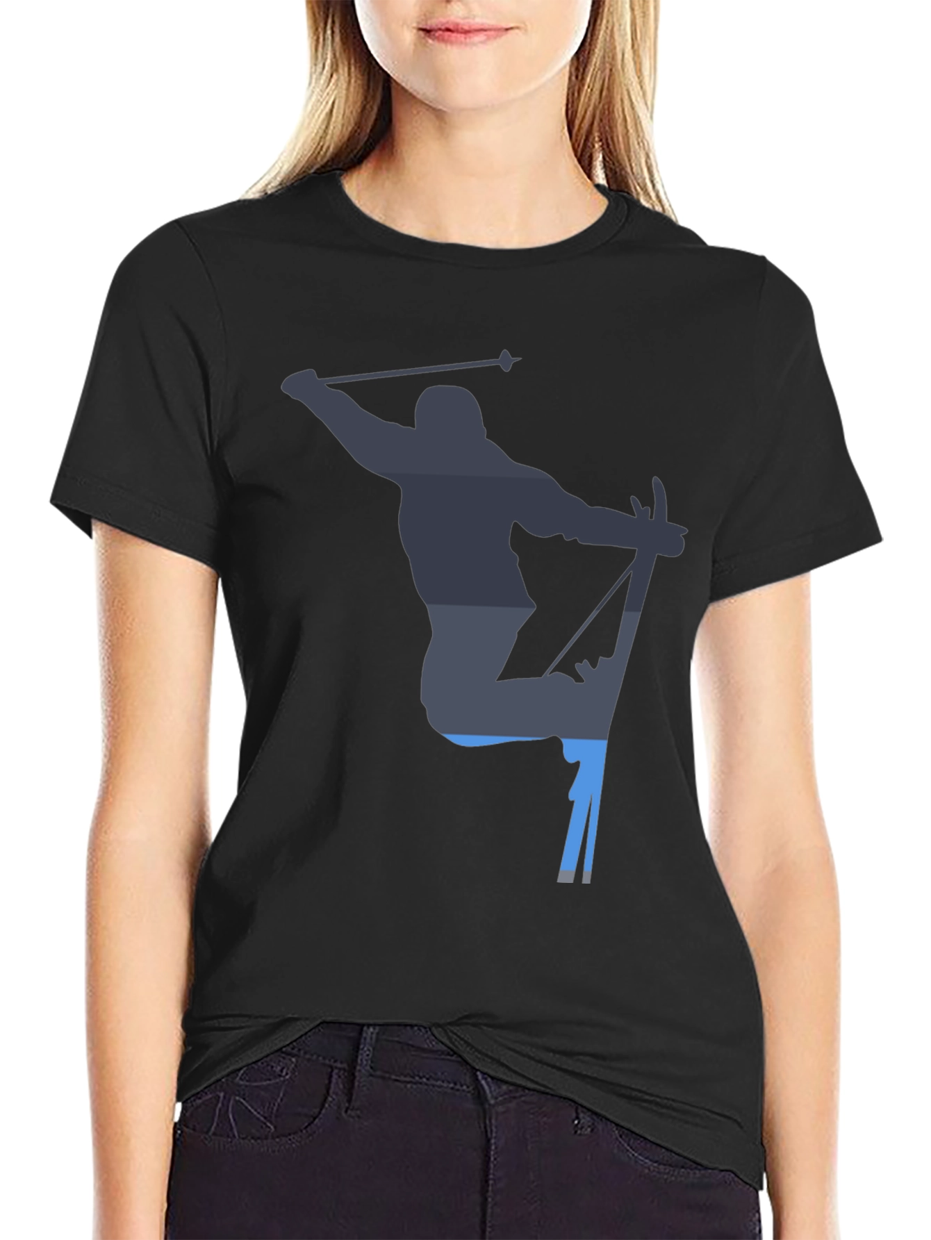 Skiing Silhouette Graphic Tee - Black Cotton T-Shirt