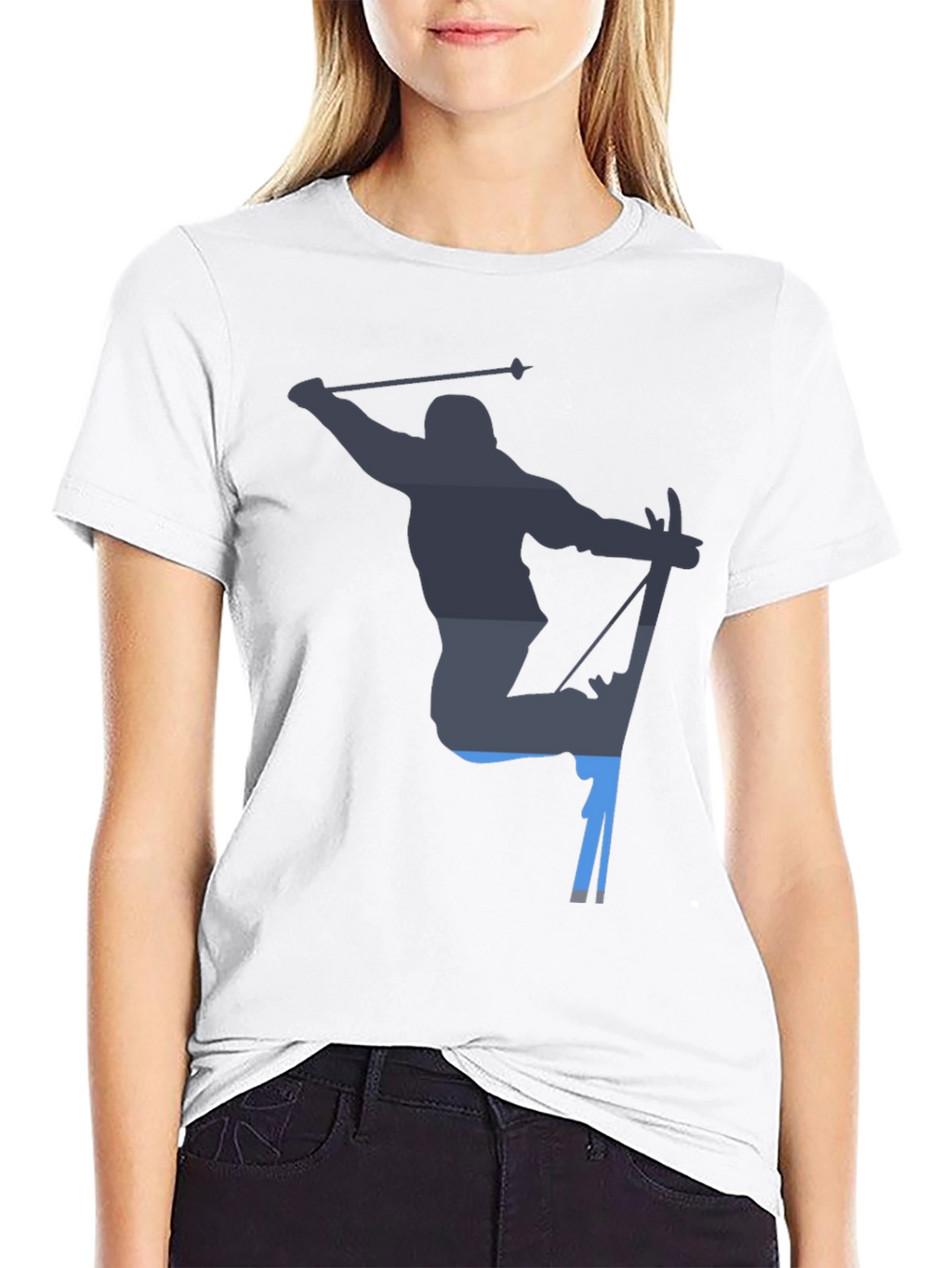 Skiing Silhouette Graphic Tee - Black Cotton T-Shirt