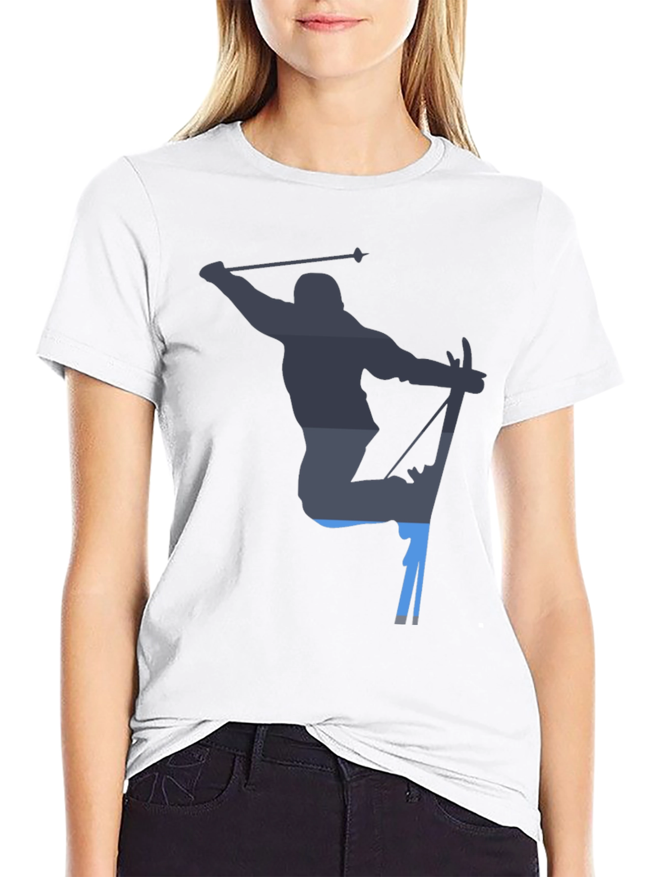 Skiing Silhouette Graphic Tee - Black Cotton T-Shirt