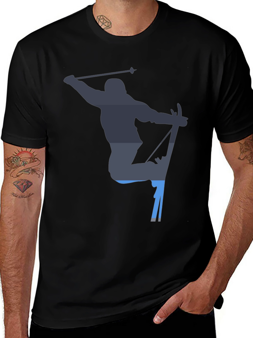 Skiing Silhouette Graphic Tee - Black Cotton T-Shirt