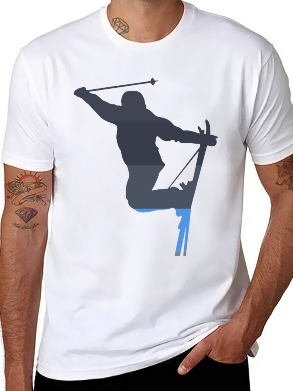 Skiing Silhouette Graphic Tee - Black Cotton T-Shirt