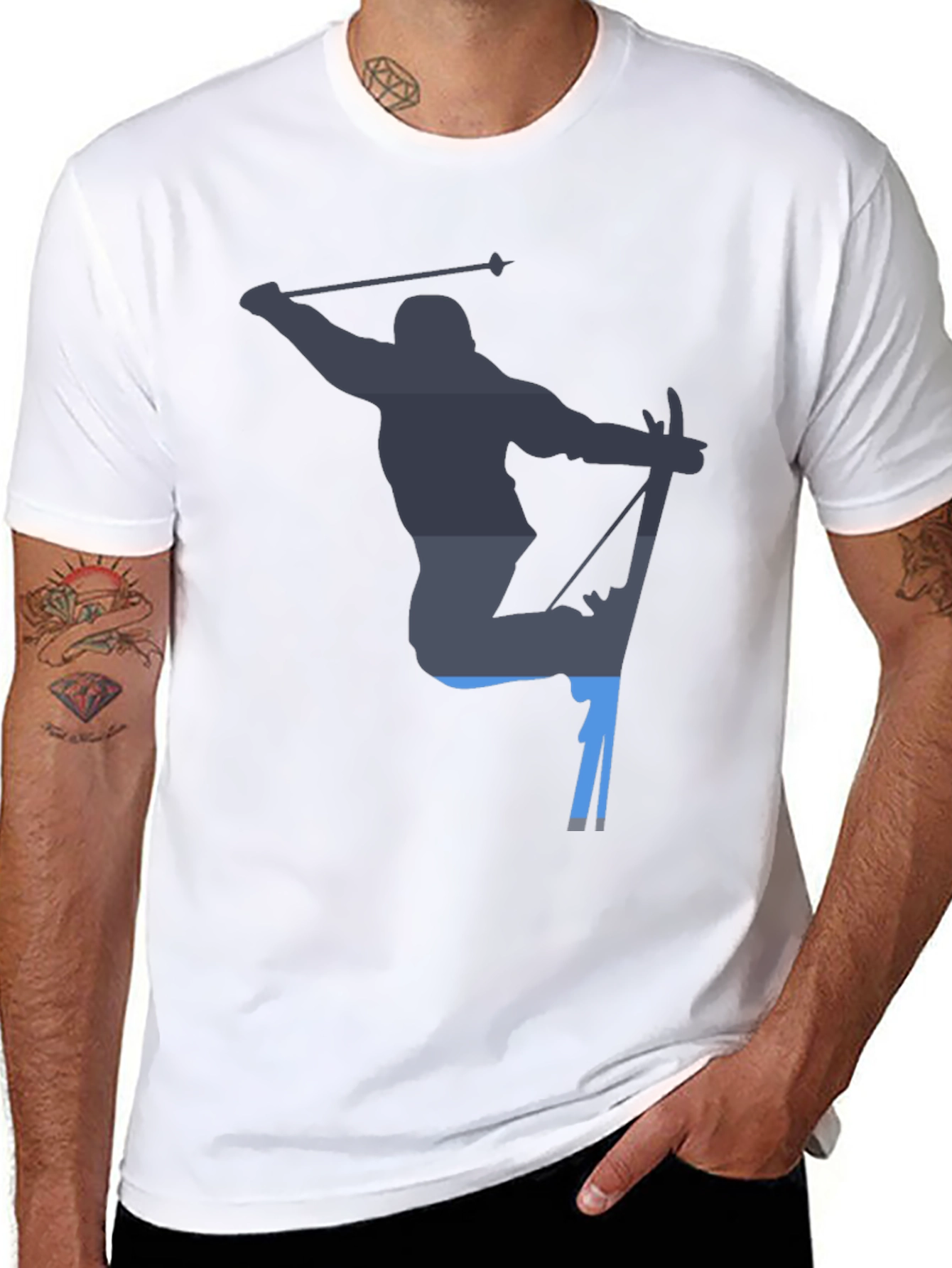 Skiing Silhouette Graphic Tee - Black Cotton T-Shirt