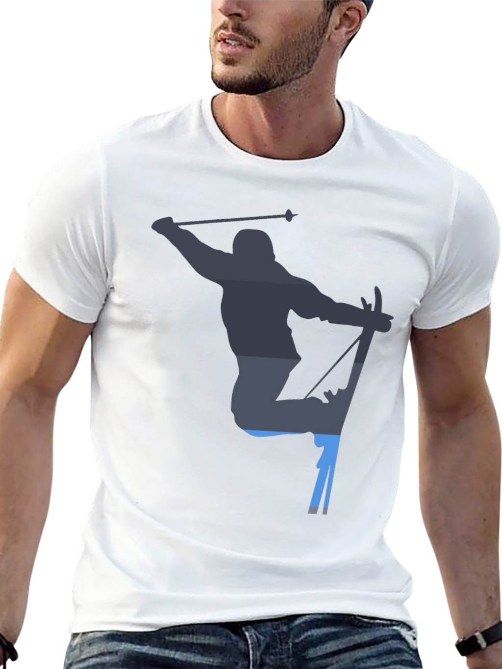 Skiing Silhouette Graphic Tee - Black Cotton T-Shirt