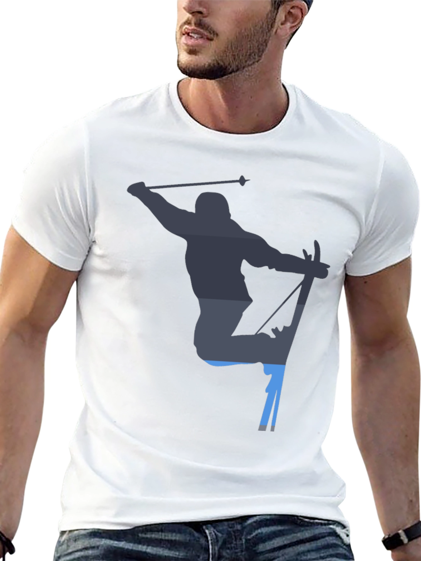 Skiing Silhouette Graphic Tee - Black Cotton T-Shirt