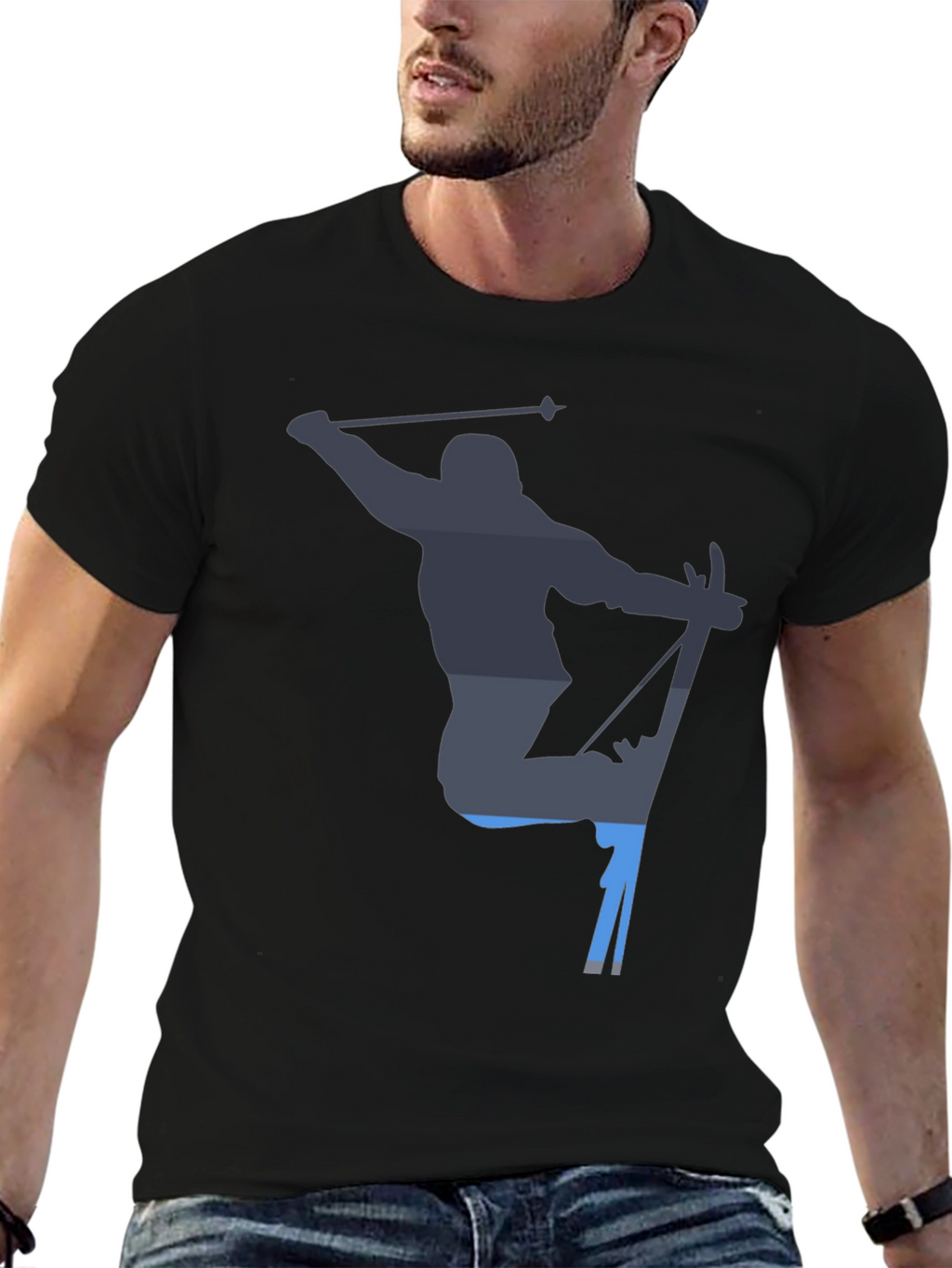 Skiing Silhouette Graphic Tee - Black Cotton T-Shirt