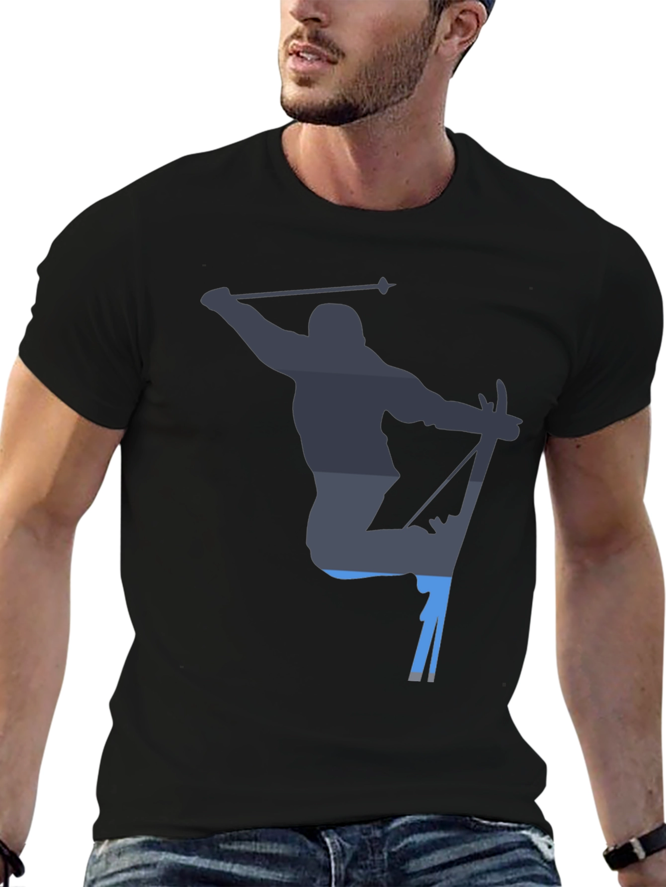 Skiing Silhouette Graphic Tee - Black Cotton T-Shirt