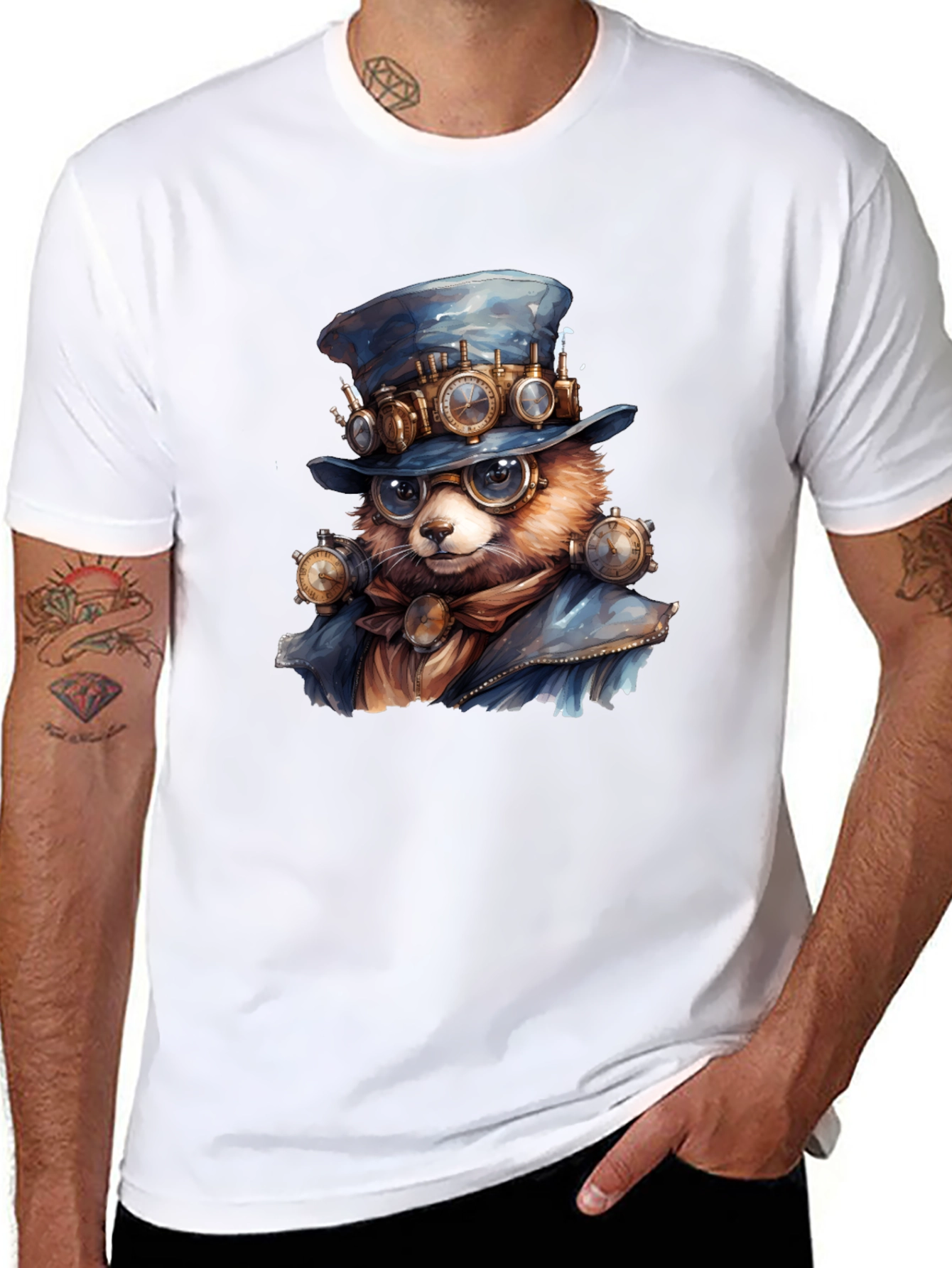 Steampunk Bear Graphic Tee - Unique Animal Art T-Shirt
