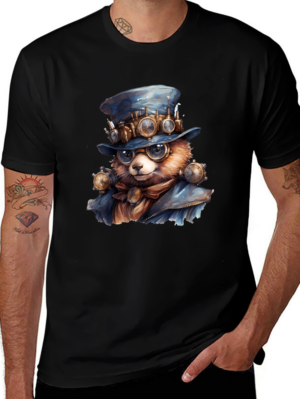 Steampunk Bear Graphic Tee - Unique Animal Art T-Shirt