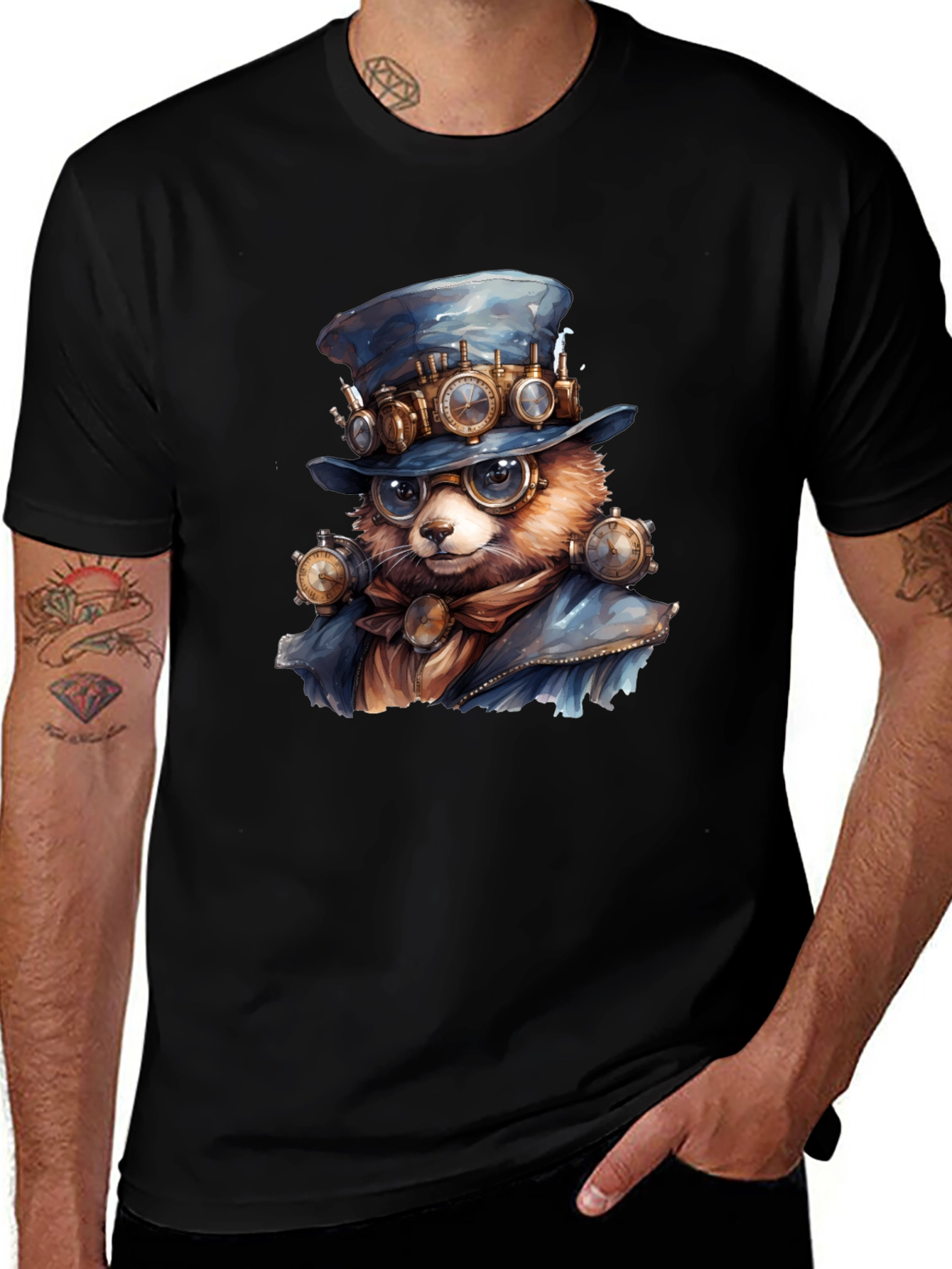 Steampunk Bear Graphic Tee - Unique Animal Art T-Shirt