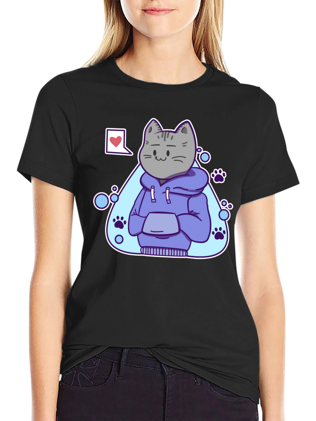 Cool Cat Hoodie Graphic Tee - Black T-Shirt