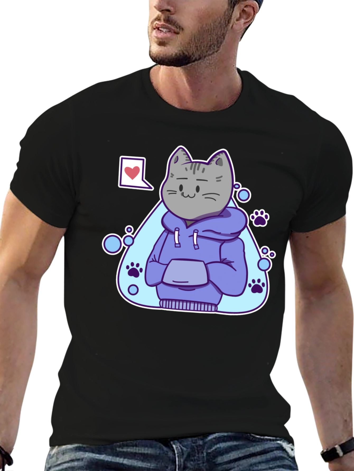 Cool Cat Hoodie Graphic Tee - Black T-Shirt