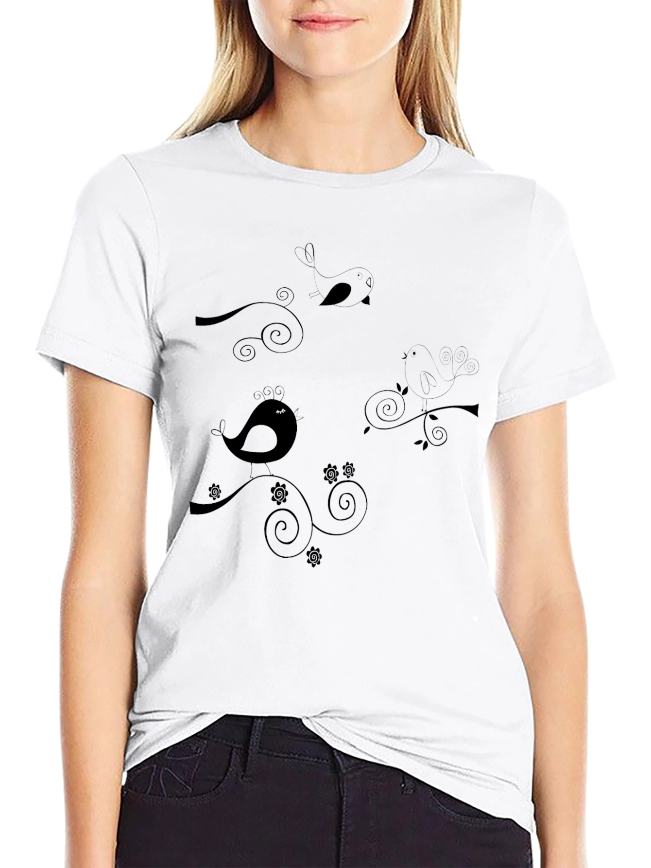 Elegant Bird Print Black T-Shirt