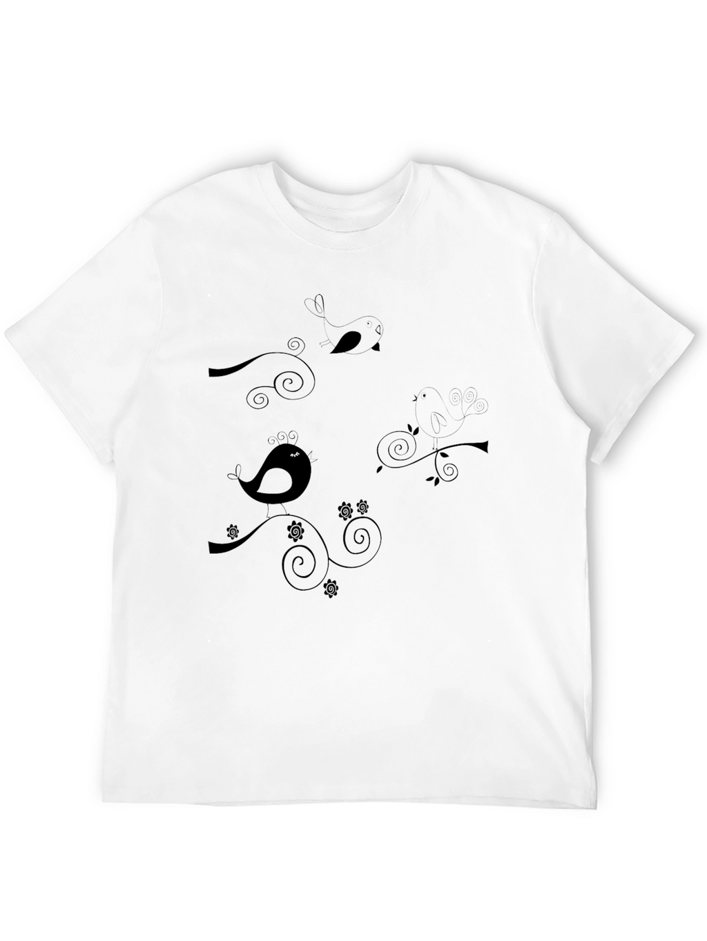 Elegant Bird Print Black T-Shirt