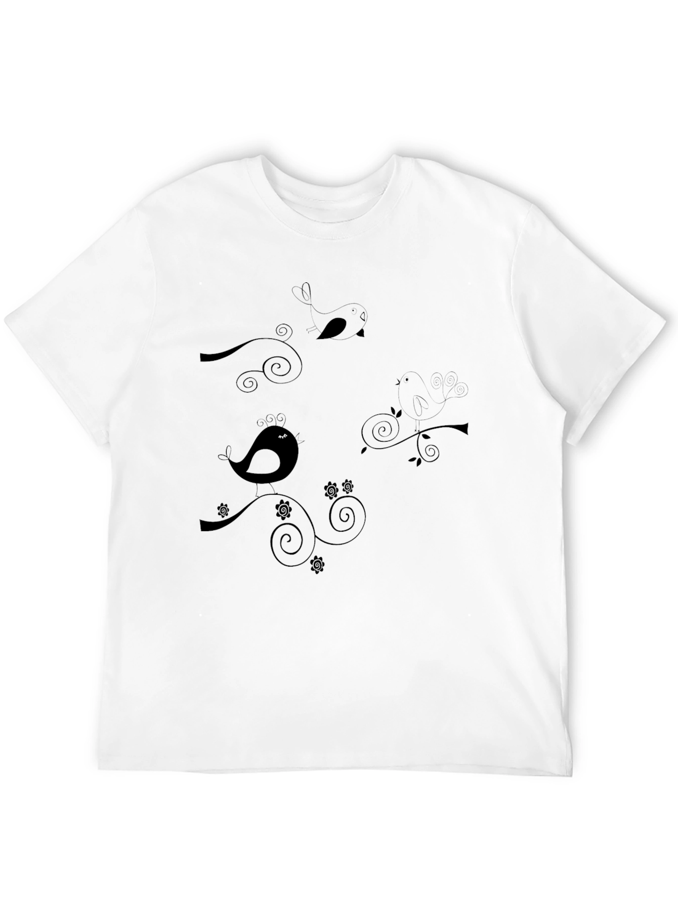 Elegant Bird Print Black T-Shirt
