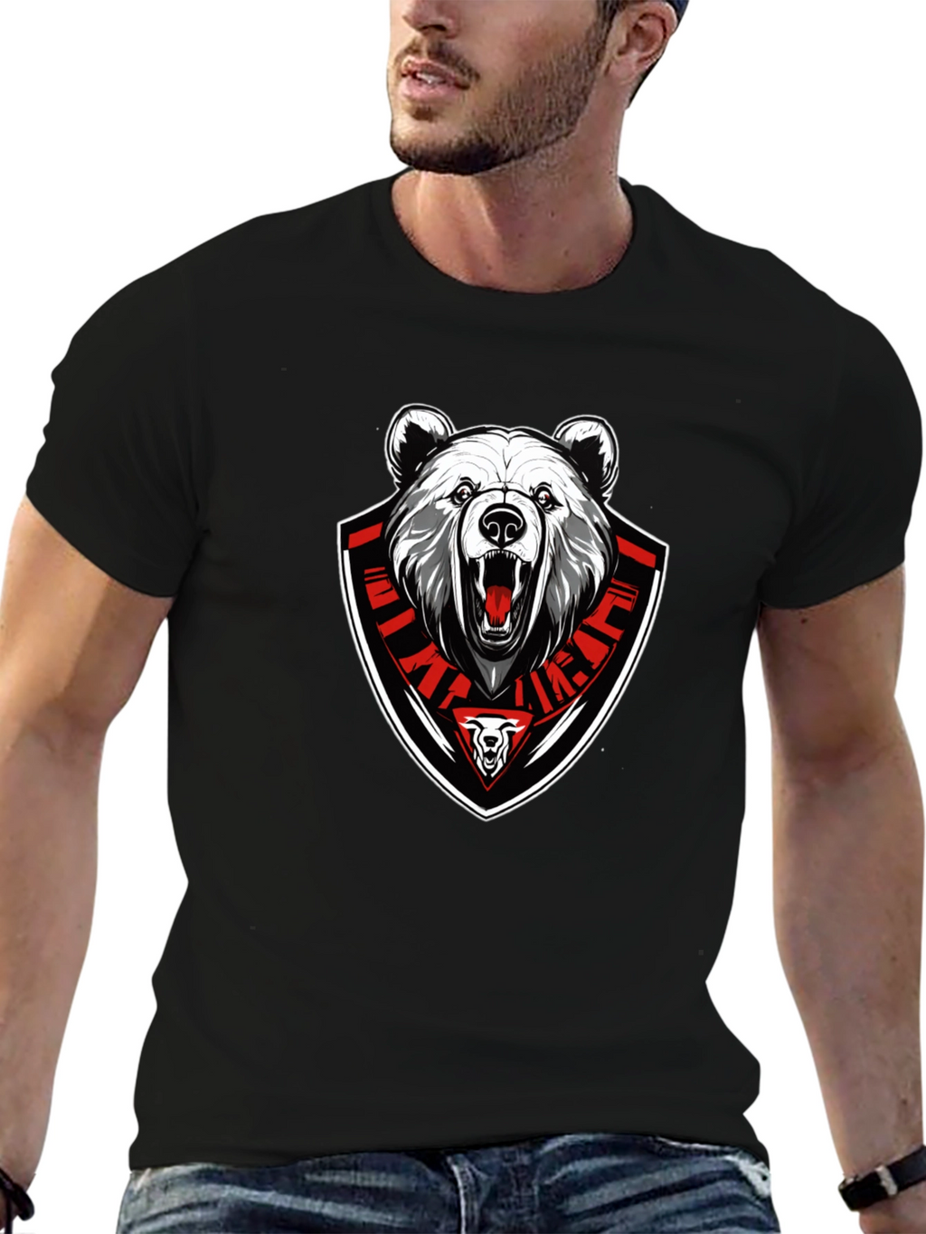 Bear Emblem Graphic Tee - Black Cotton Blend T-Shirt