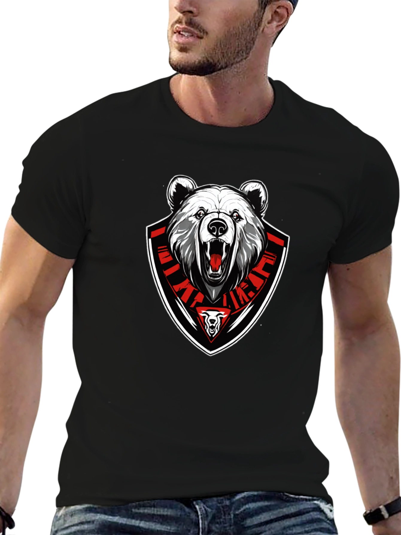 Bear Emblem Graphic Tee - Black Cotton Blend T-Shirt