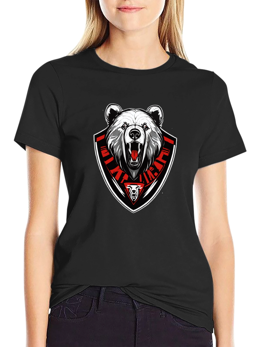 Bear Emblem Graphic Tee - Black Cotton Blend T-Shirt