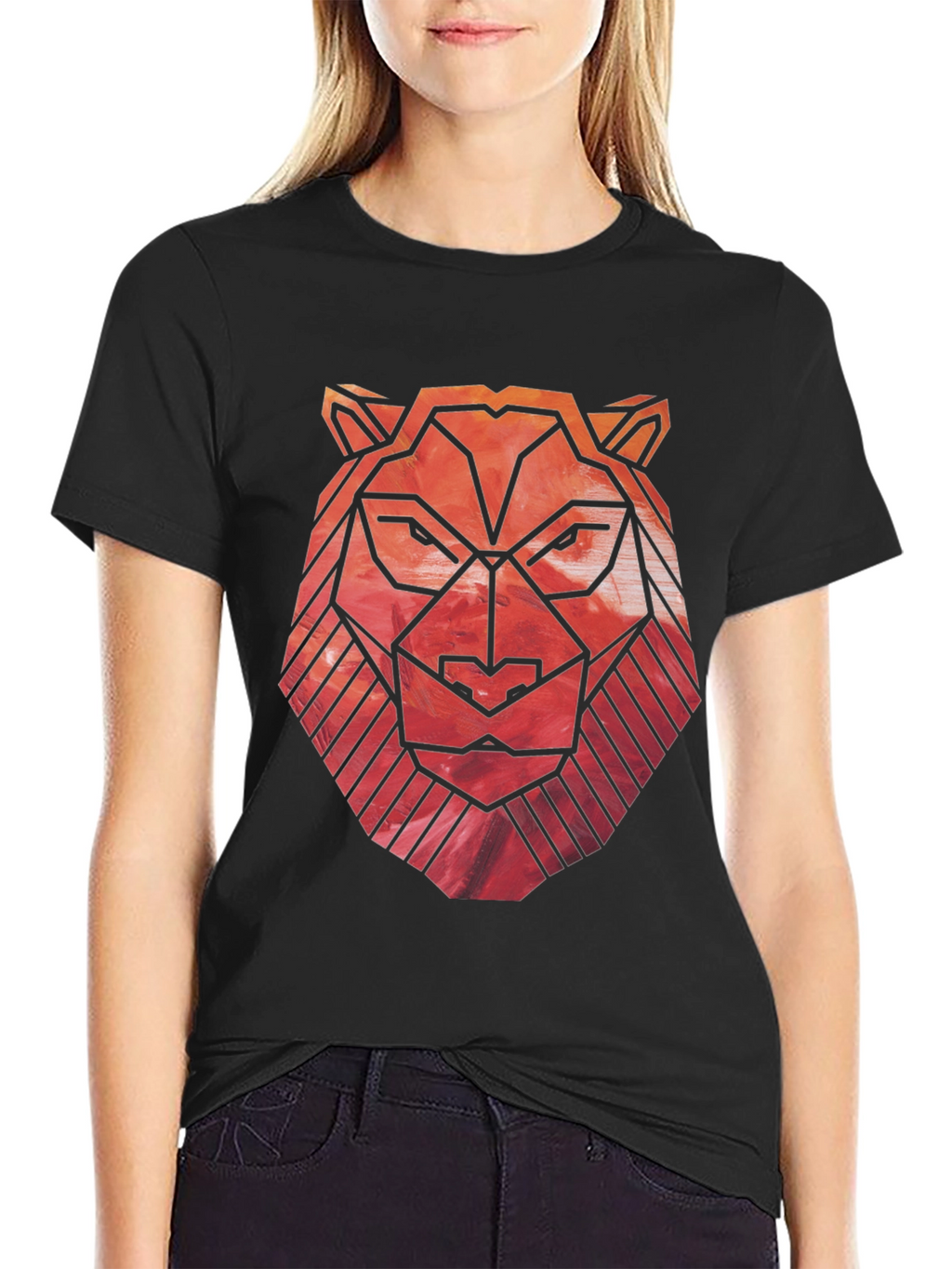 Geometric Lion Graphic Tee - Black Cotton Blend