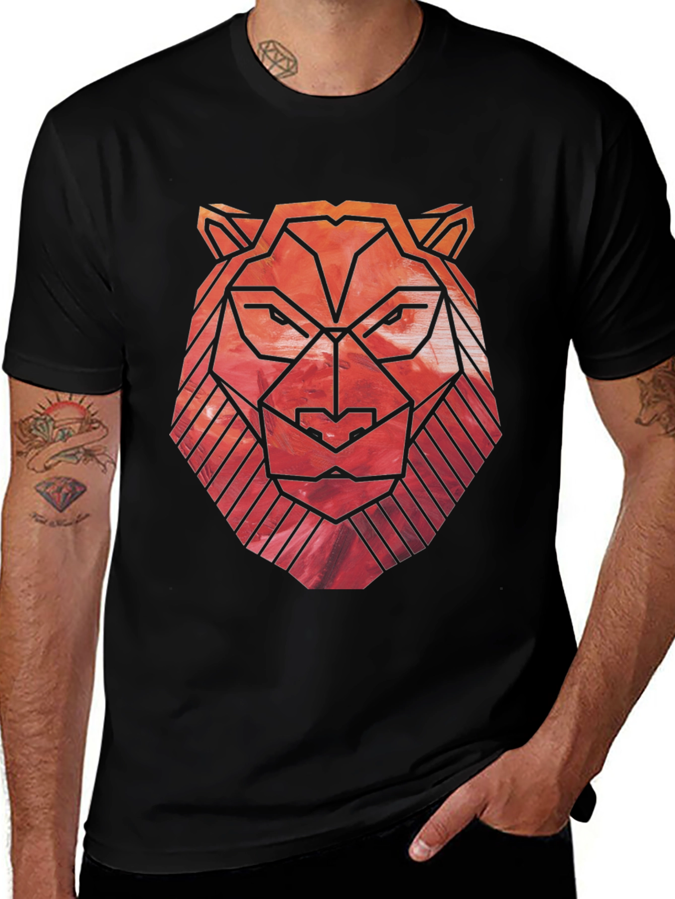 Geometric Lion Graphic Tee - Black Cotton Blend