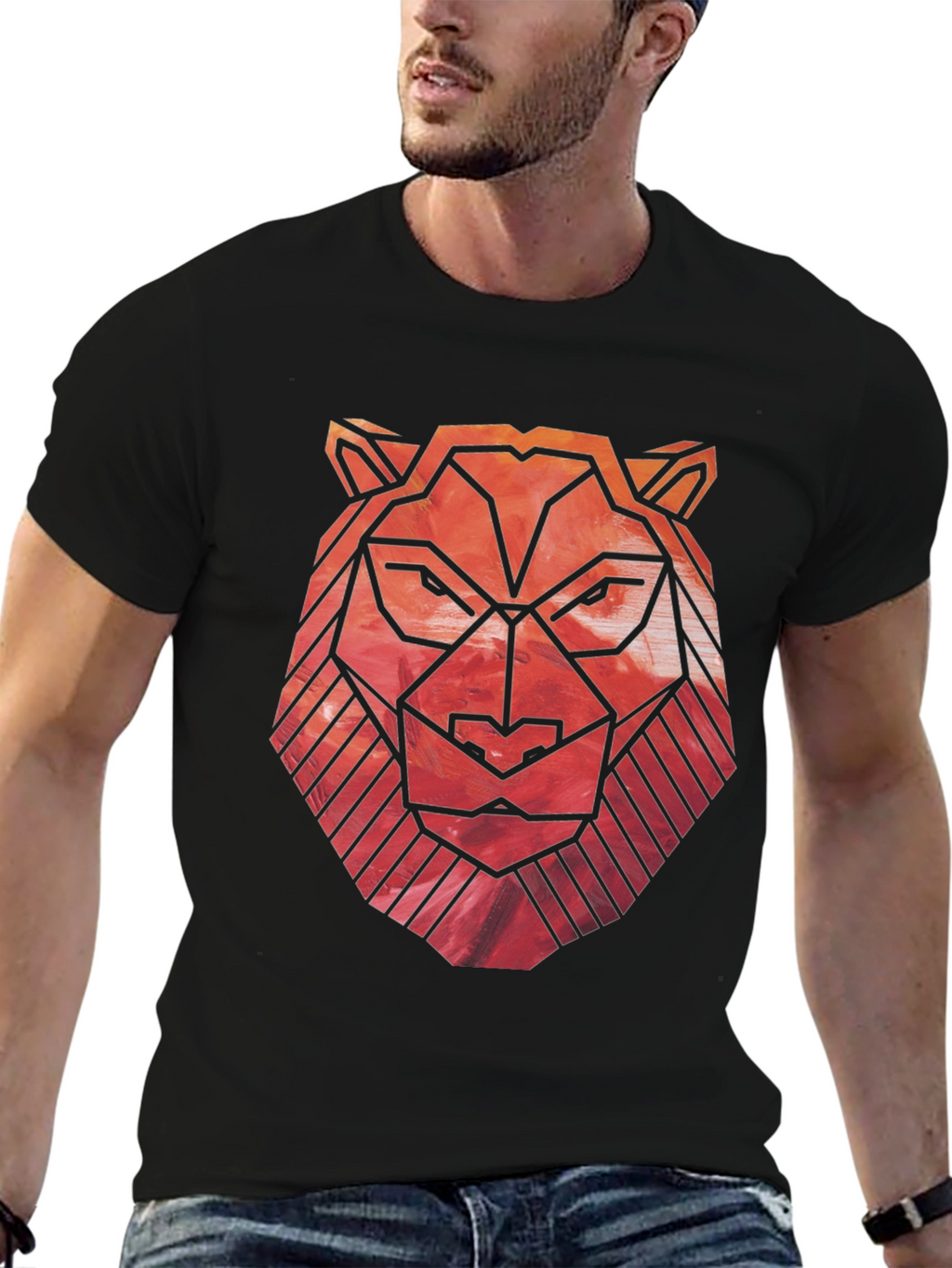 Geometric Lion Graphic Tee - Black Cotton Blend