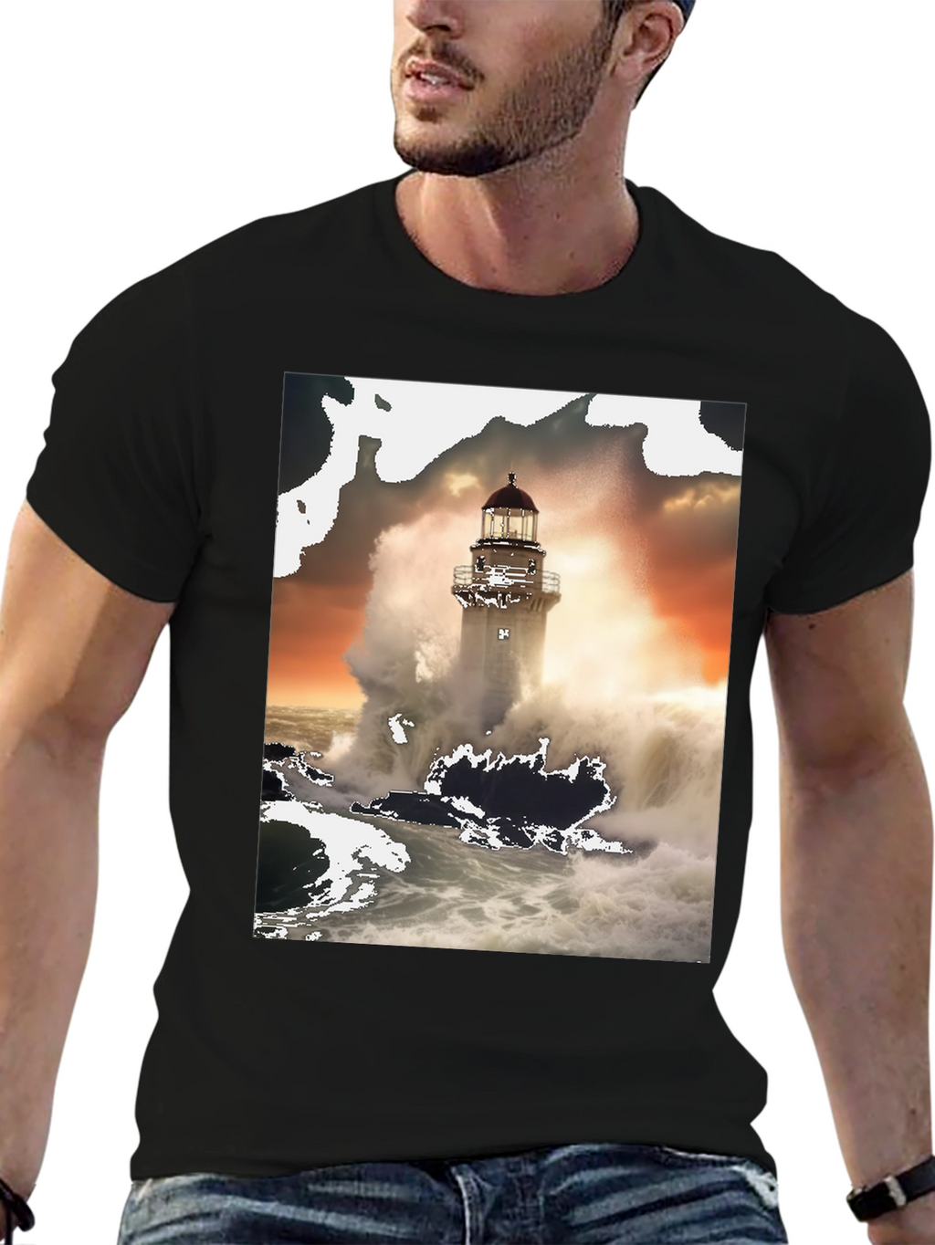 Lighthouse Wave T-Shirt - Black Graphic Tee