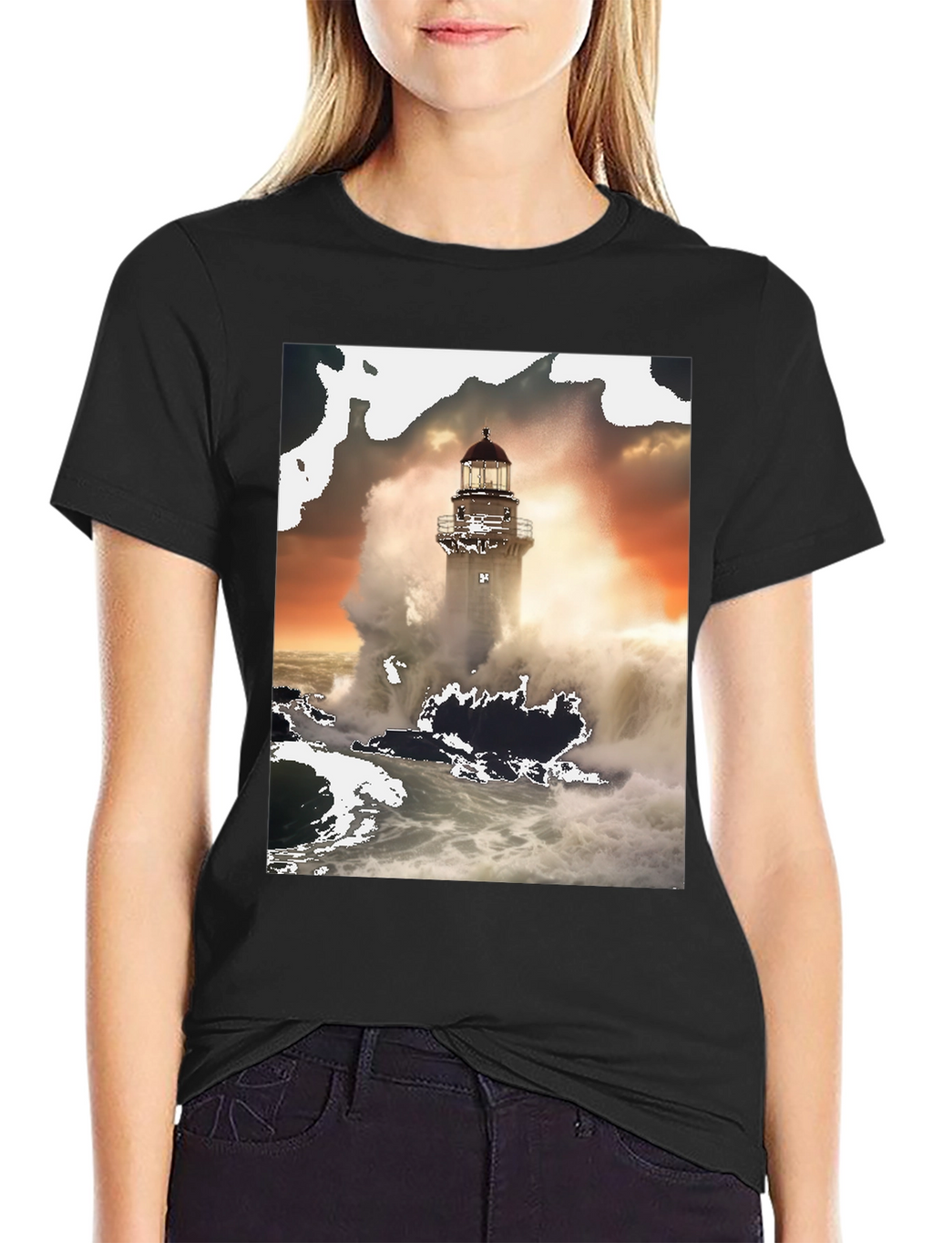 Lighthouse Wave T-Shirt - Black Graphic Tee