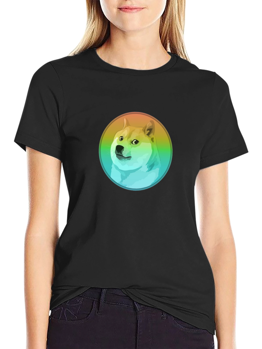 Doge Rainbow Circle Graphic Black T-Shirt
