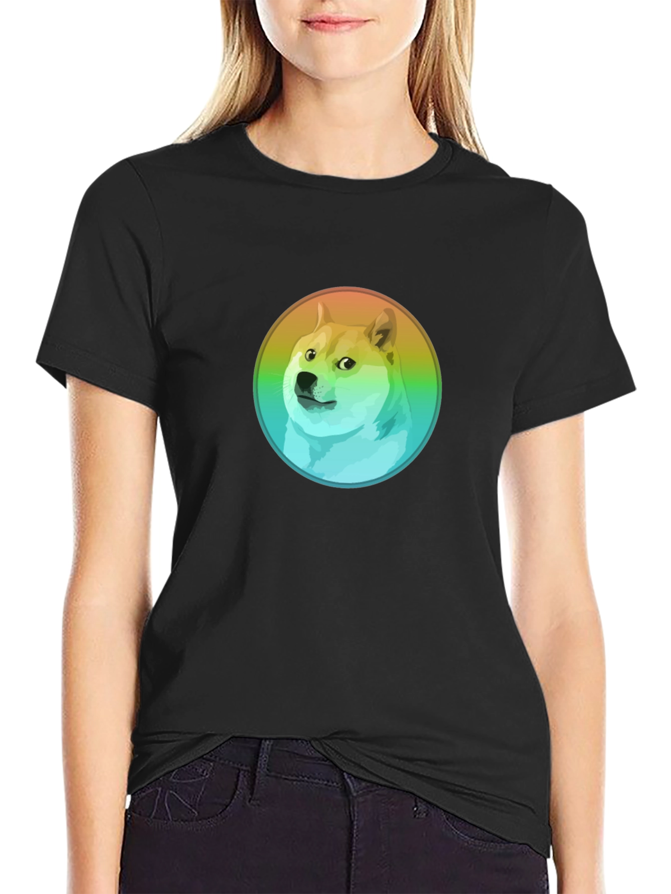 Doge Rainbow Circle Graphic Black T-Shirt