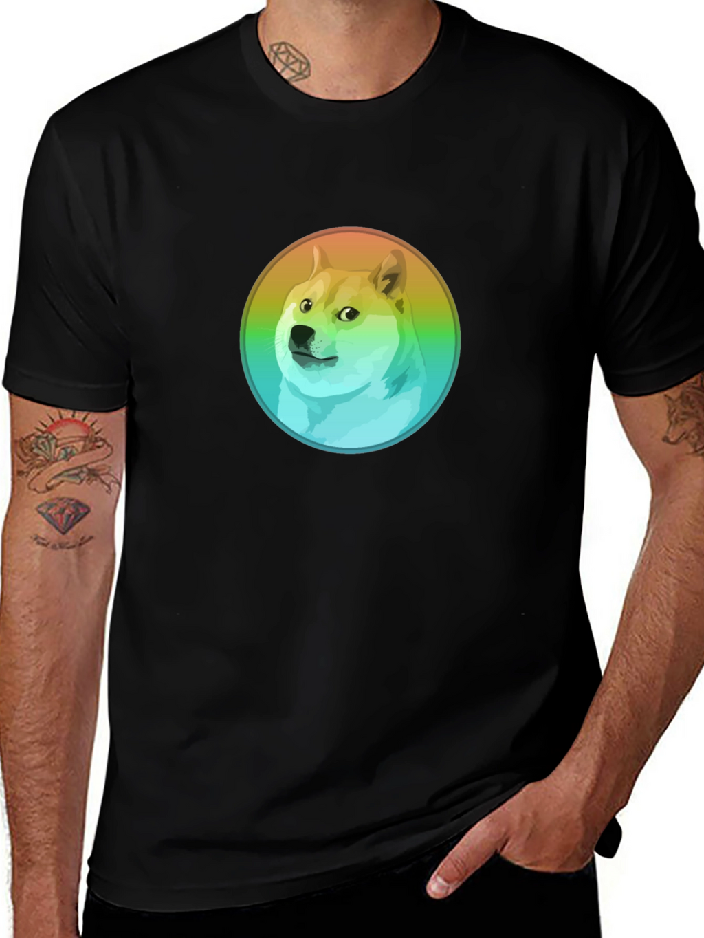 Doge Rainbow Circle Graphic Black T-Shirt