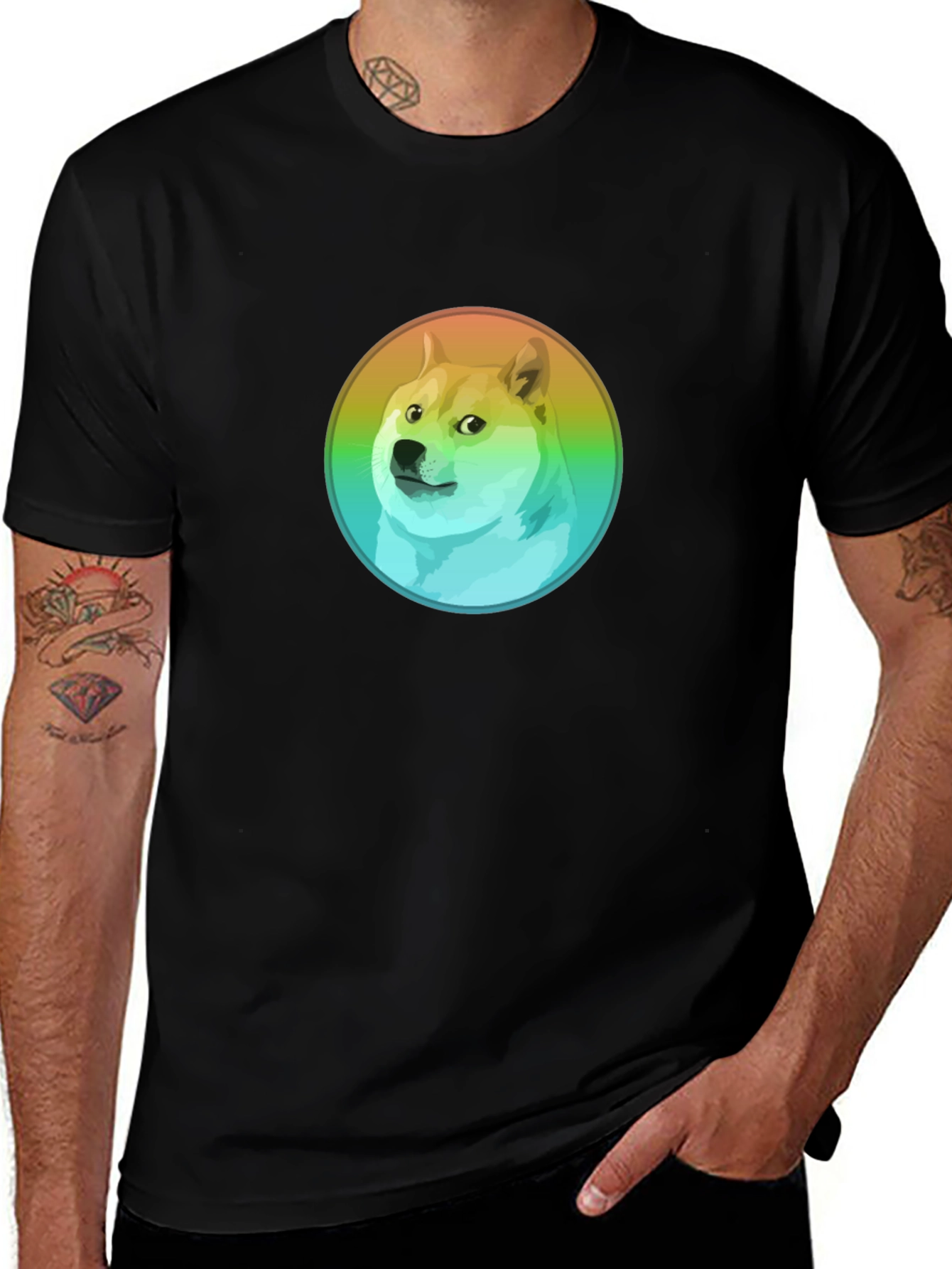 Doge Rainbow Circle Graphic Black T-Shirt