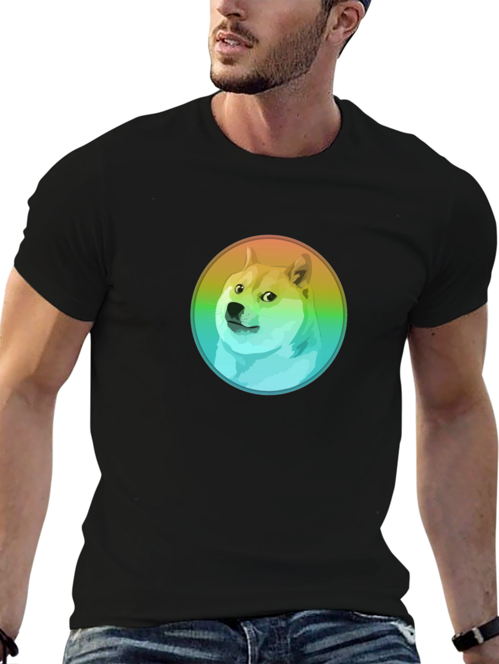 Doge Rainbow Circle Graphic Black T-Shirt