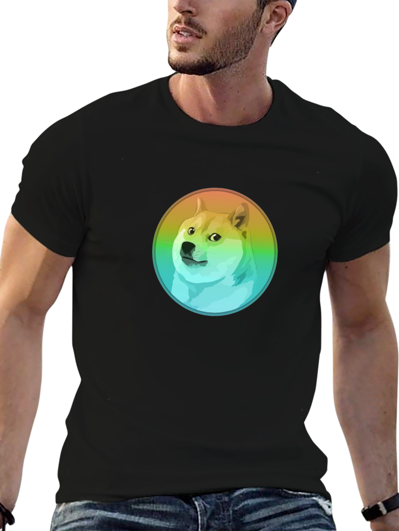 Doge Rainbow Circle Graphic Black T-Shirt