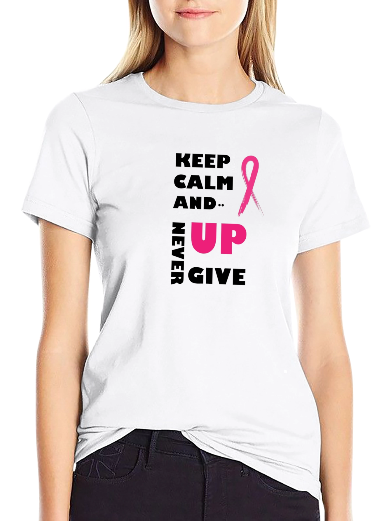 Keep Calm Never Give Up Ribbon Graphic T-Shirt