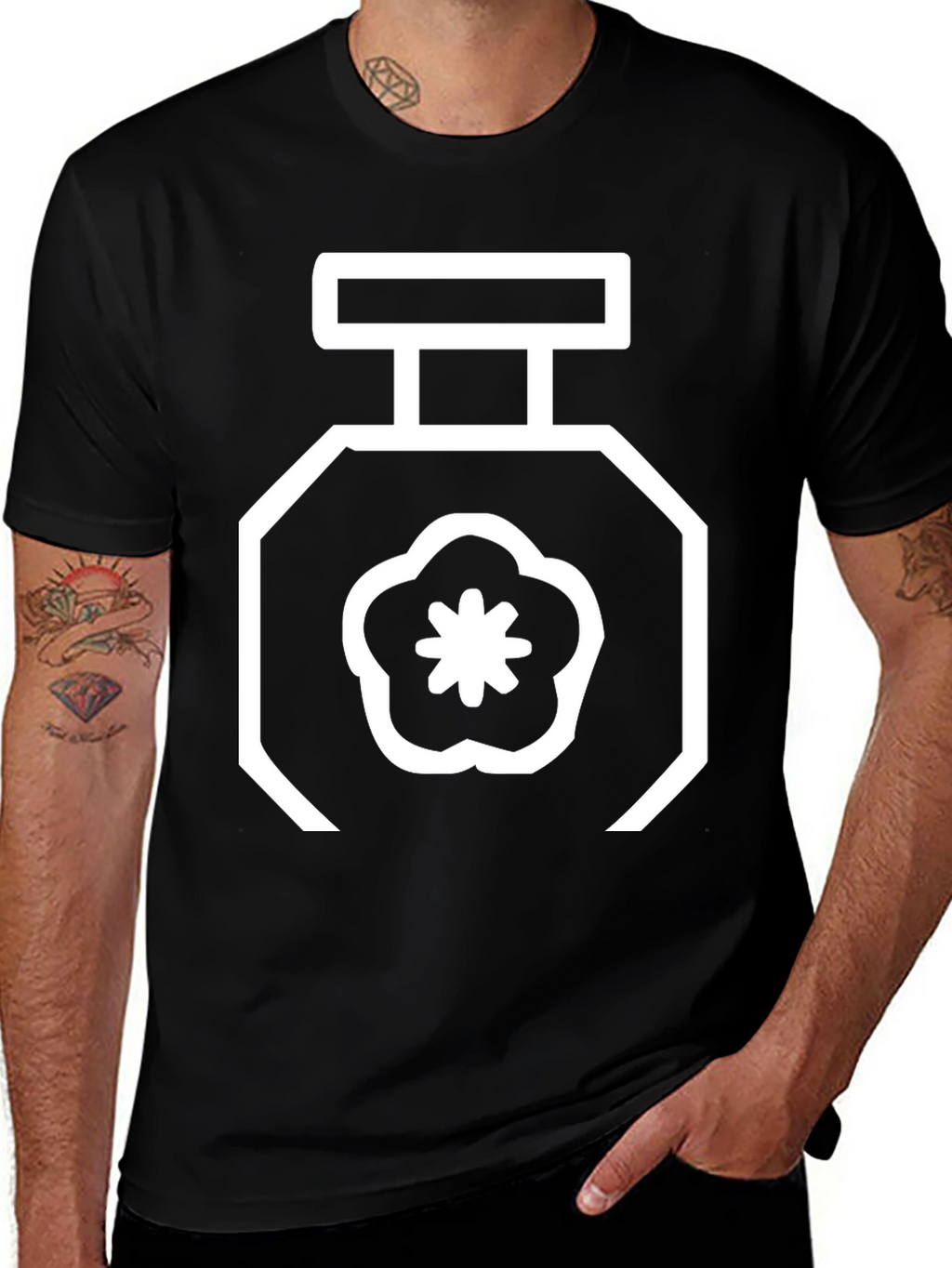 Floral Perfume Bottle Graphic Tee - Black