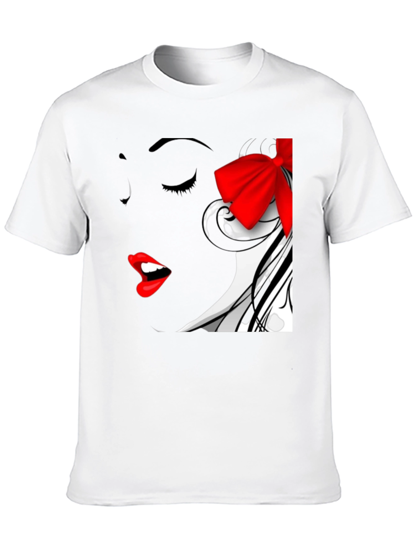 Woman Portrait Black T-Shirt with Red Bow