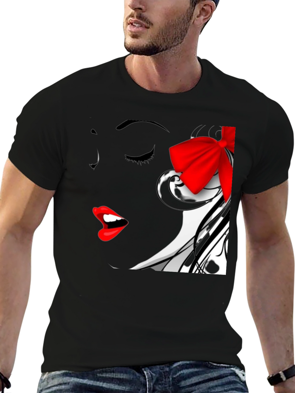 Woman Portrait Black T-Shirt with Red Bow