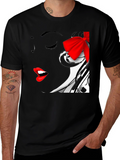 Woman Portrait Black T-Shirt with Red Bow