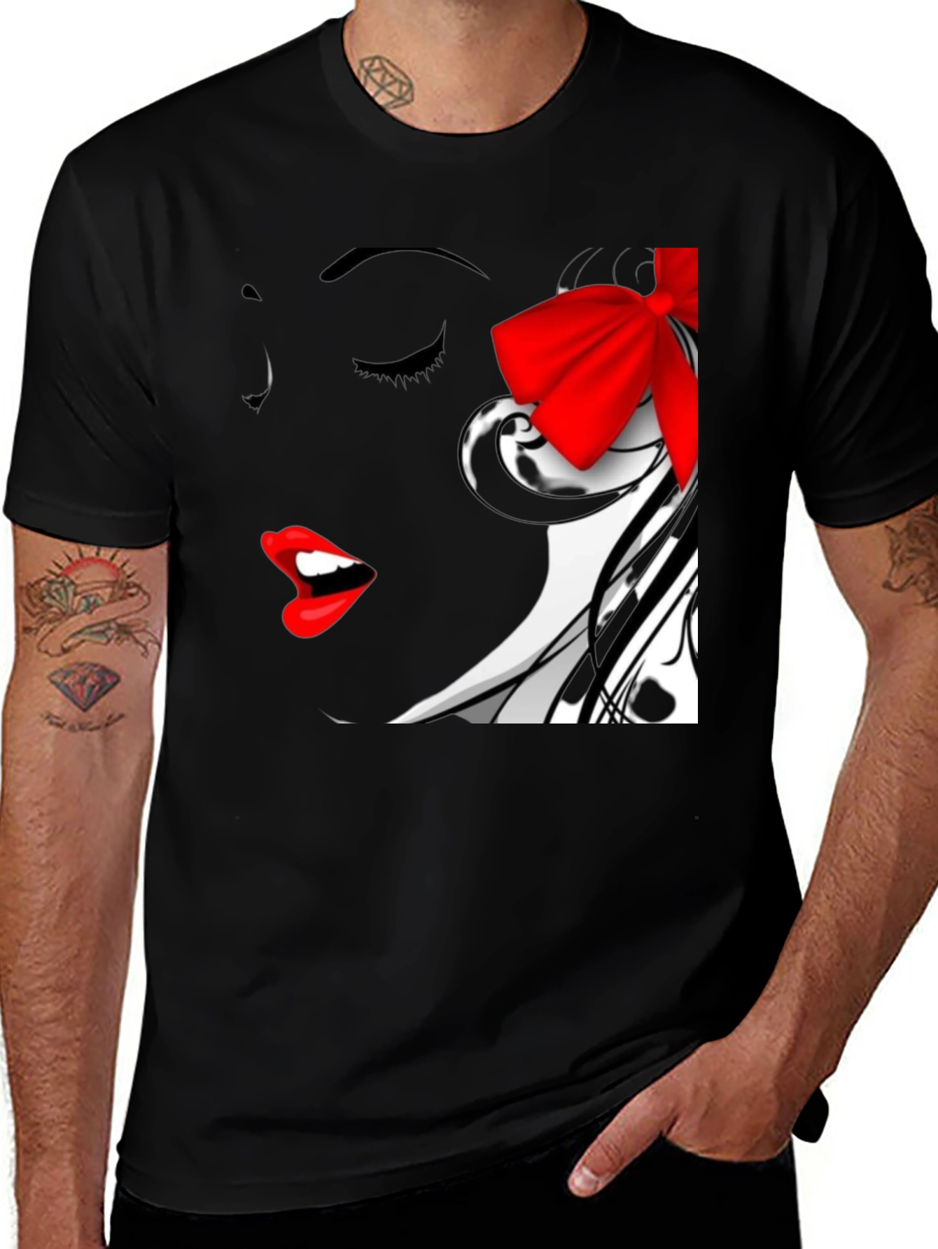 Woman Portrait Black T-Shirt with Red Bow