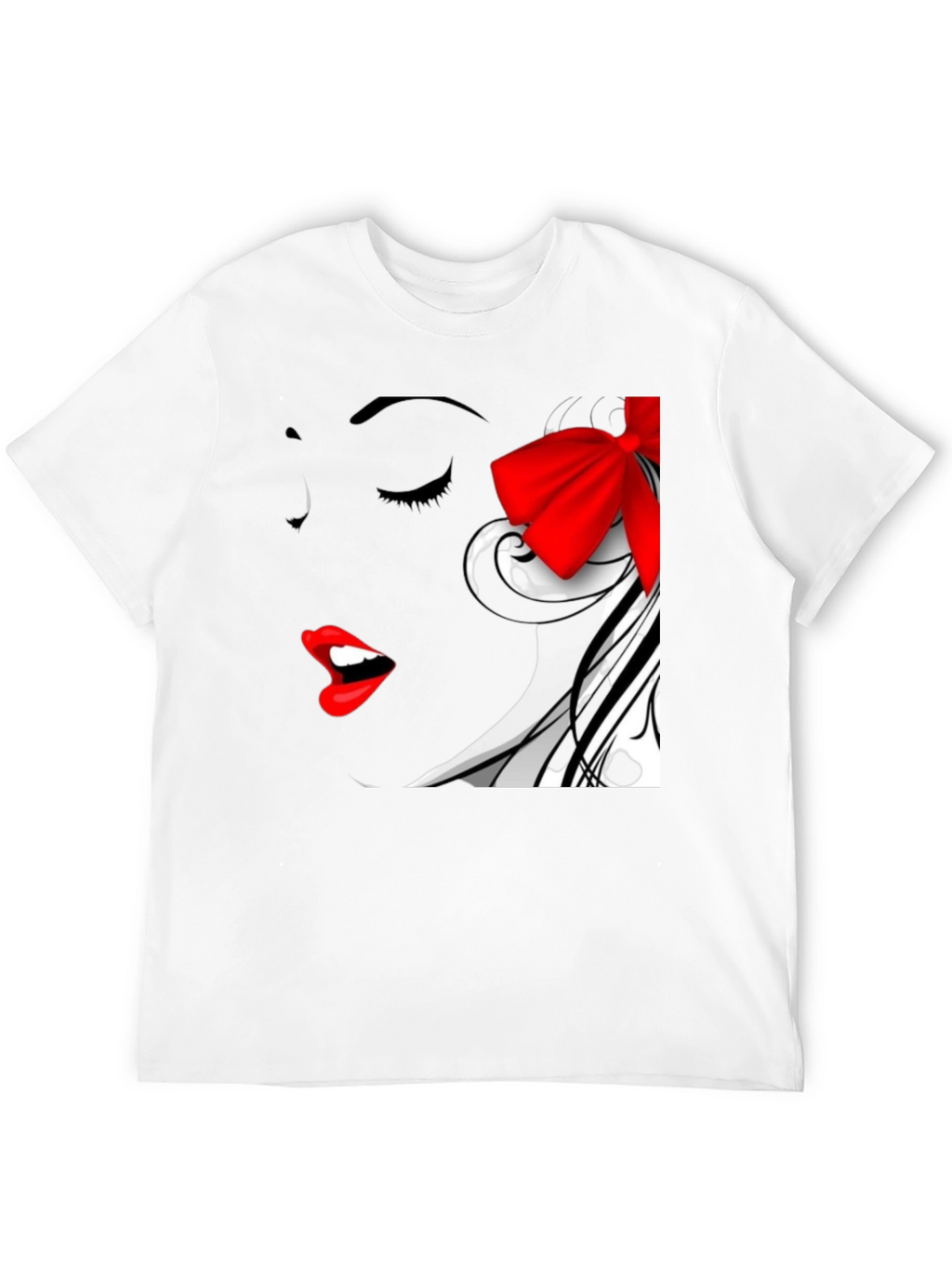 Woman Portrait Black T-Shirt with Red Bow