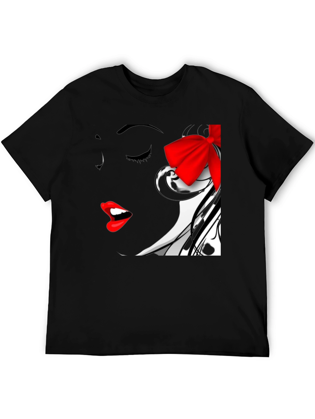 Woman Portrait Black T-Shirt with Red Bow
