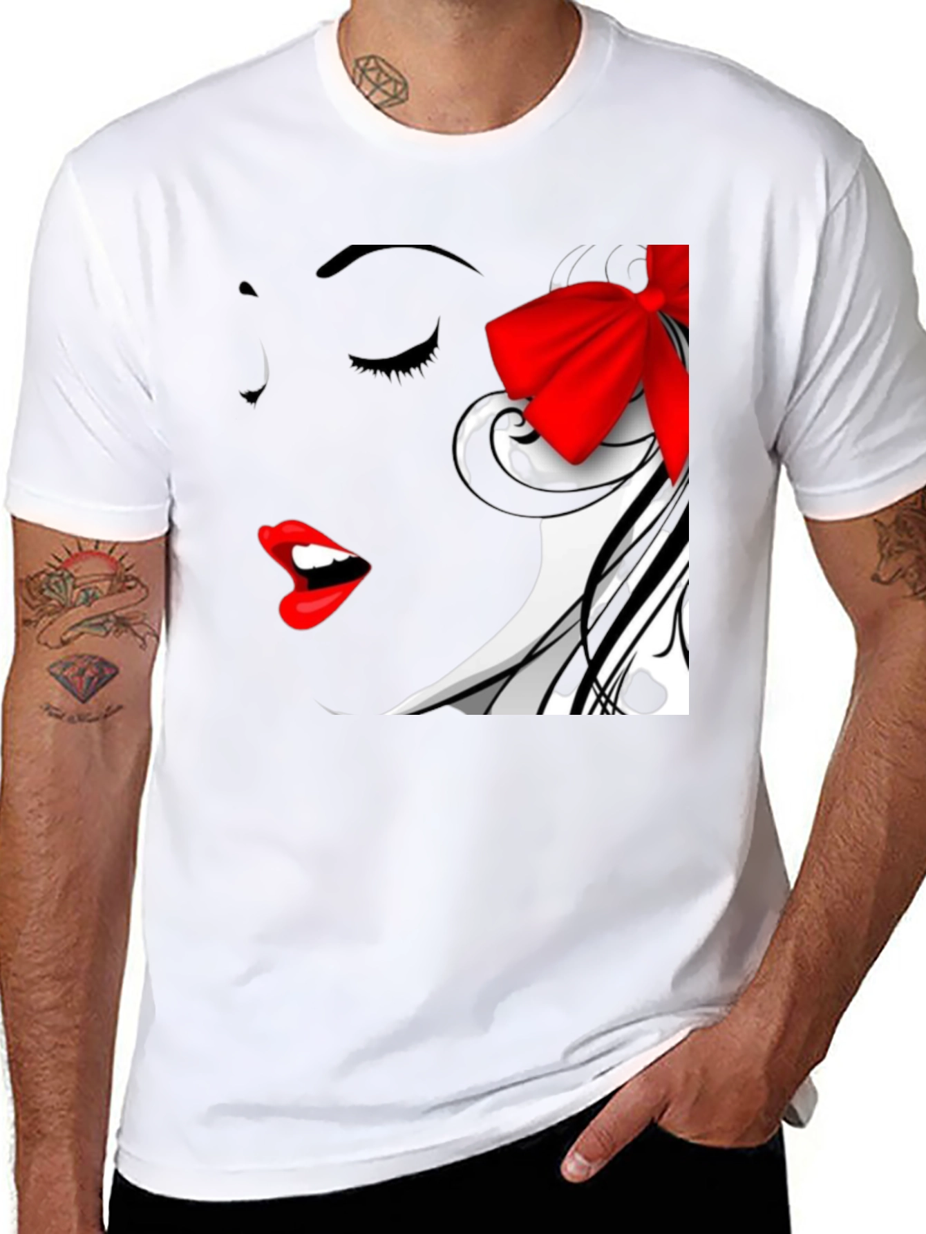 Woman Portrait Black T-Shirt with Red Bow