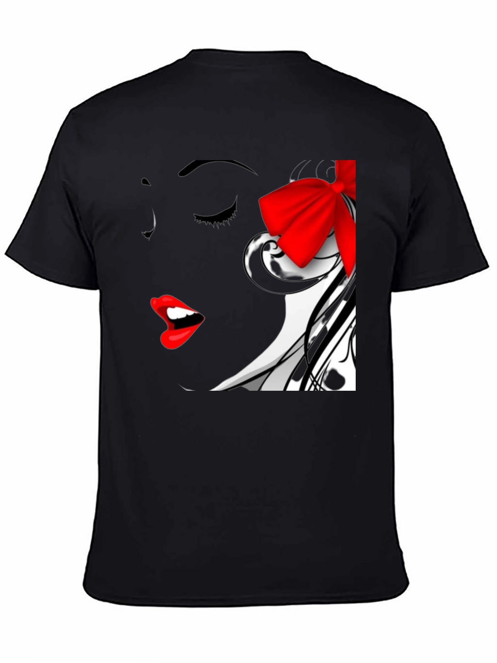 Woman Portrait Black T-Shirt with Red Bow