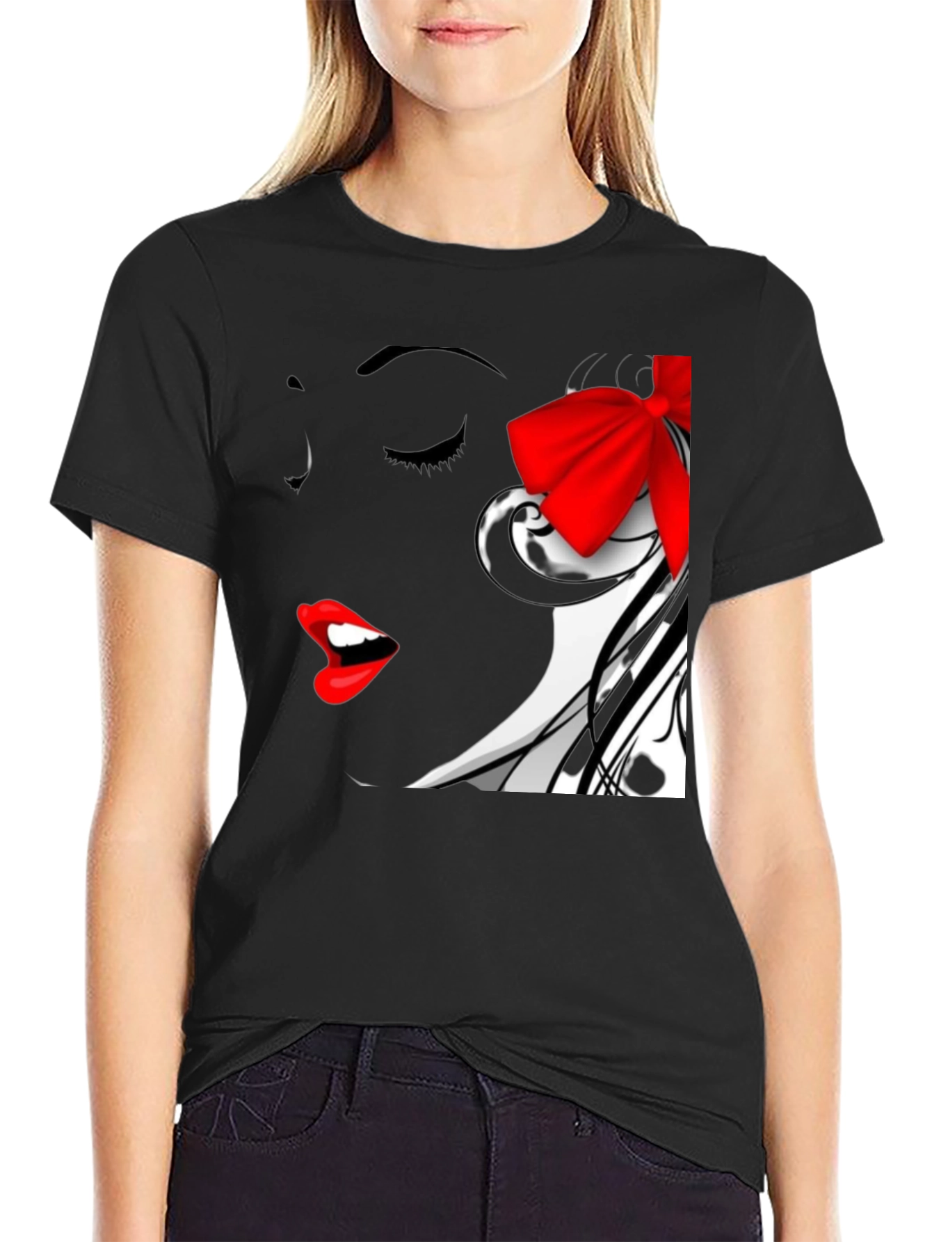 Woman Portrait Black T-Shirt with Red Bow